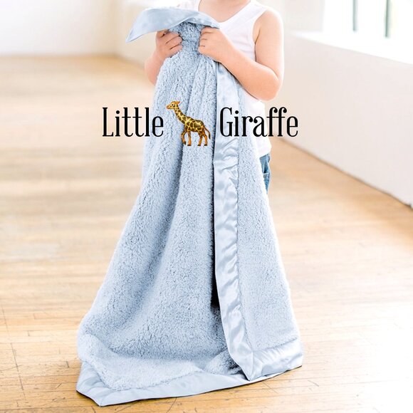 NWT Little Giraffe Baby Blue Satin Trim Chenille Plush Blanket - Picture 1 of 5